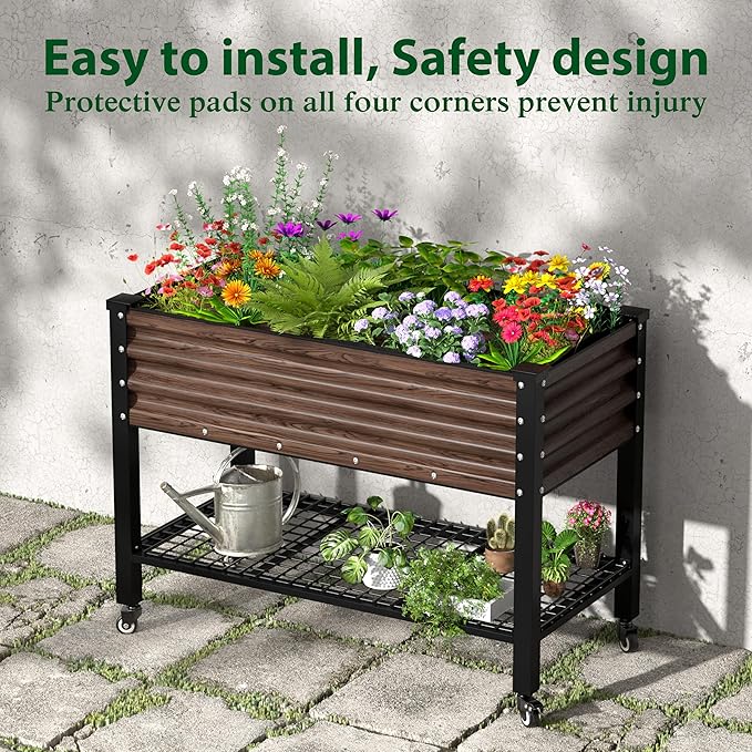 BlueWish 48" W x 24" D x 34" H Outdoor Galvanized Garden Bed, Elevate Raised Bed with Detachable Black Liner, Rolling Casters, Storage Shelf, Planter Boxes for Gardening, Vegetable, Flower, Rustic