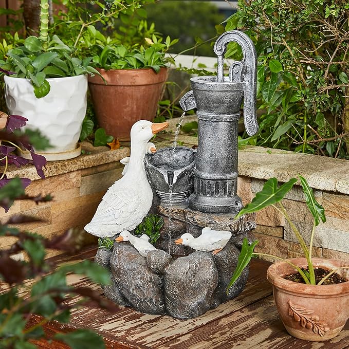 Glitzhome Cute Duck Family Playing Fountain Polyresin Outdoor Decoration with Pump and LED Light, 23.50" H