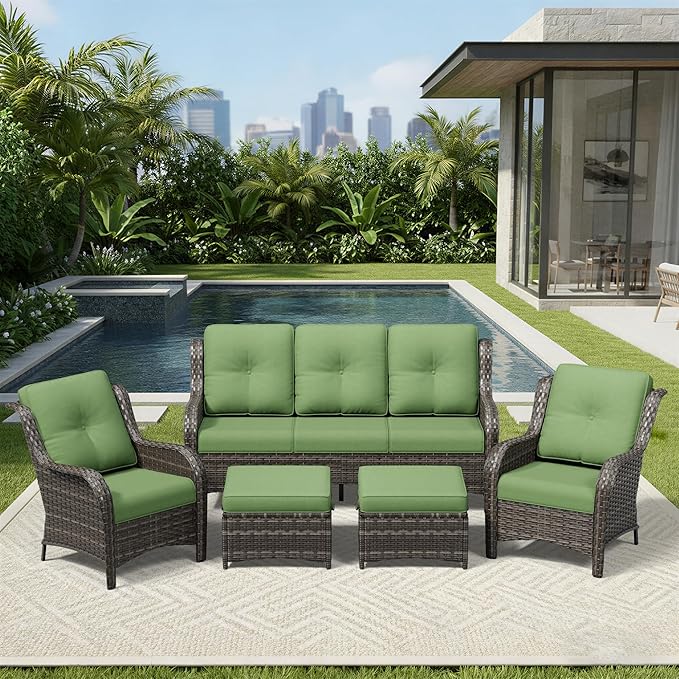 Joyside 5 Piece Wicker Patio Furniture Set, Rattan Patio Chairs with High Back, Deep Seating, Wide Armrest, Thickened Cushions, Outdoor Furniture for Deck, Porch Use