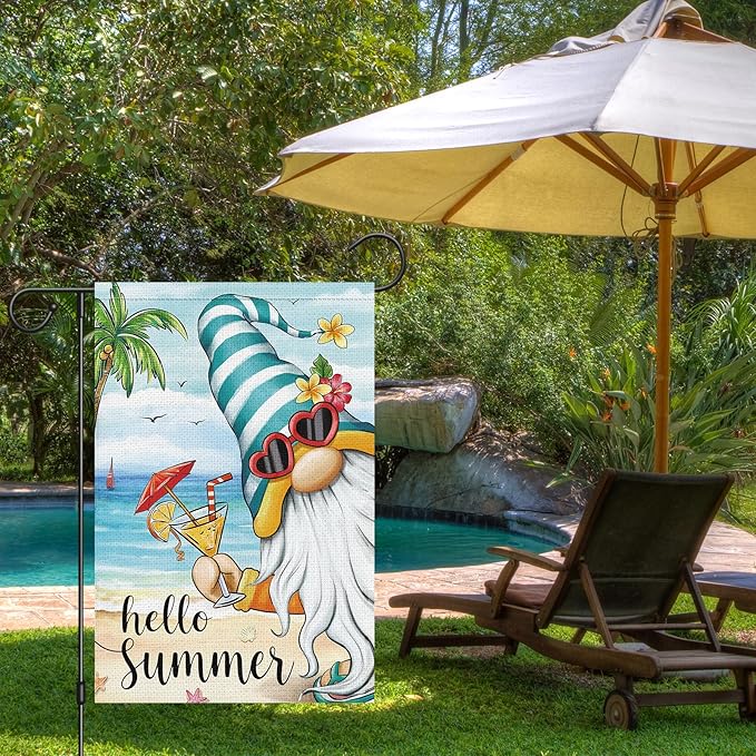 Heyfibro Hello Summer Gnome with Cocktail Garden Flag 12x18 Double Sided Burlap, Hawaii Tropical Beach Holiday Ocean Sea Welcome Flower Yard Banner for Seasonal Outdoor Party Decoration(ONLY FLAG)