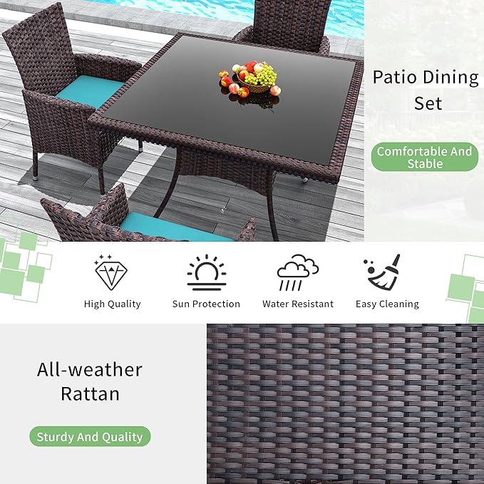 5 Piece Outdoor Dining Set,Rattan Patio Conversation Set of 4 Chairs,Patio Dining Table and Chairs w/Cushions,Square Glass Tabletop,Umbrella Cutout for Patio,Blue