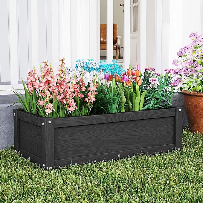 HDPE Raised Planter Box Outdoor,Rot-Resistant and Non-Cracking,Raised Beds for Gardening 29.5 * 14.4 * 9.8 in for Yard,Lawn,Outdoor Planter Boxes Rectangle with Drainage Holes Black