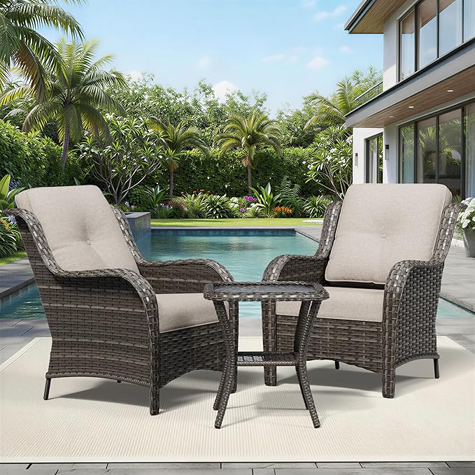 Joyside 3 Piece Wicker Patio Furniture Set, Rattan Patio Chairs with High Back, Deep Seating, Wide Armrest, Thickened Cushions, Outdoor Furniture for Deck, Porch Use
