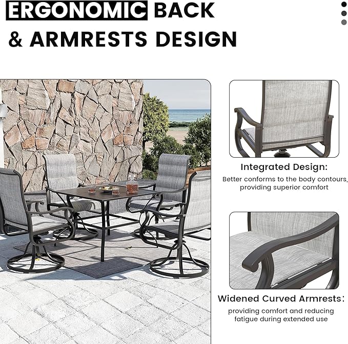 Patio Swivel Chairs Set of 6, Outdoor Dining Chairs with High Back, All-Weather Swivel Rocker Chair for Lawn, Porch or Garden (Padded Grey)