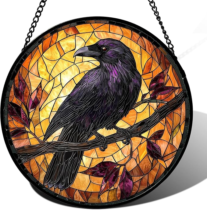 DASTOLL Stained Glass Window Hanging - Crow on a Branch Suncatcher Ready to Hang Window Doors Home Decoration and Christmas, Mother's Day Birthday Gifts for Women, Men, and Mom 14.9x14.9 in