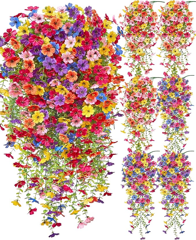 Serwalin 6PCS Artificial Fall Flowers for Outdoors Decoration, Realistic Silk Artificial Fall Hanging Flowers for Patio, Garden, Porch, Window, Outside (Multicolor,6PCS)