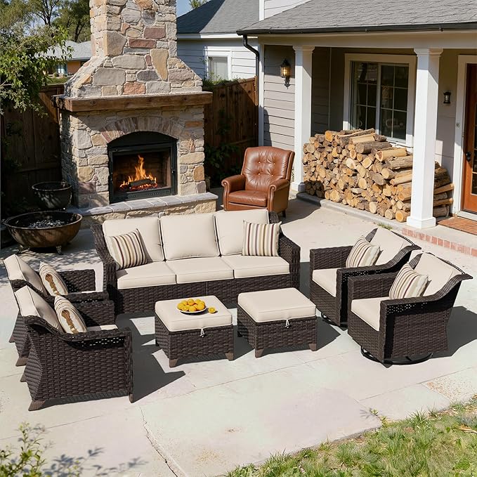 7 Pieces Patio Conversation Furniture Set - 1 Sofa, 2 Armchairs, 2 Ottomans, 2 Swivel Chairs, Outdoor Wicker Furniture with Removable Cushions for Porch, Balcony, Sunroom (Beige)