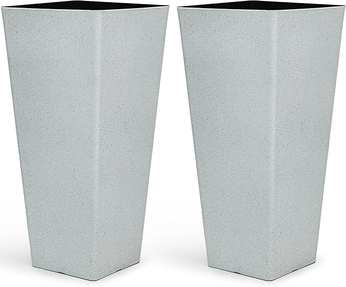 Autodaya 28" Plant Pots Tall Planters for Plants Outdoor Large Set of 2 Plastic Flower Pots Tapered Plant Containers Front Porch Decor for Garden, Patio, Deck, Indoor Terrazzo White