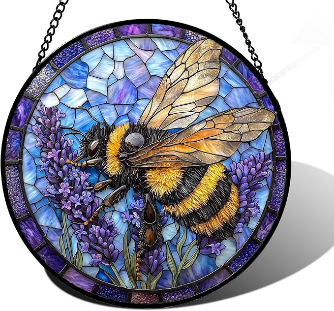 DASTOLL Stained Glass Window Hanging, Bee Lavender Sun Catchers Diamond Glass Panel Hangings Insect Suncatcher Decor for Birthday for Women, Men, Wife, Aunt, and Mom 6.3 in
