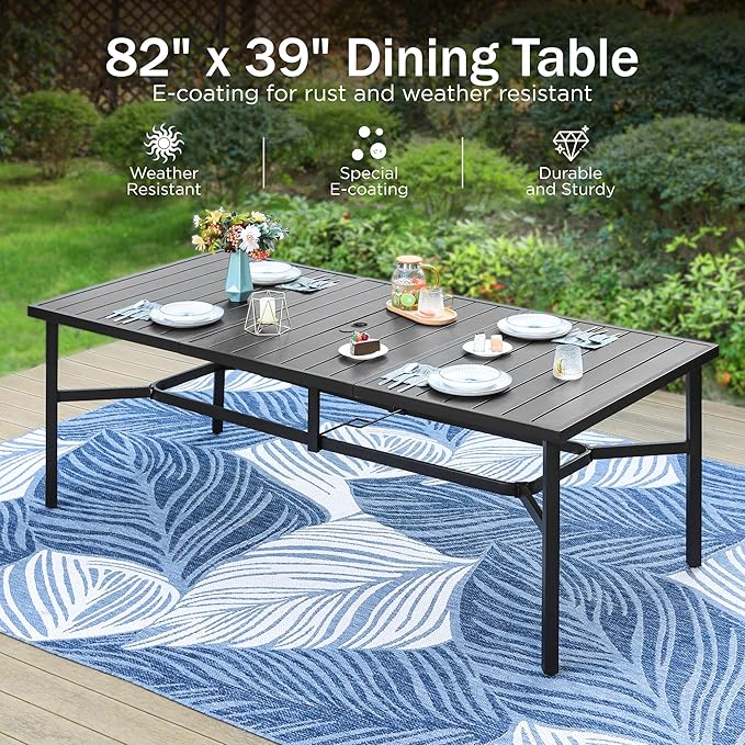 PHI VILLA 9 Pieces Outdoor Dining Set for 8, 83" Long Rectangle Wrought Iron Table with Umbrella Hole & Cushioned Brown Wicker Chairs, Modern Outside Furniture for Patio, Deck, Backyard, Porch