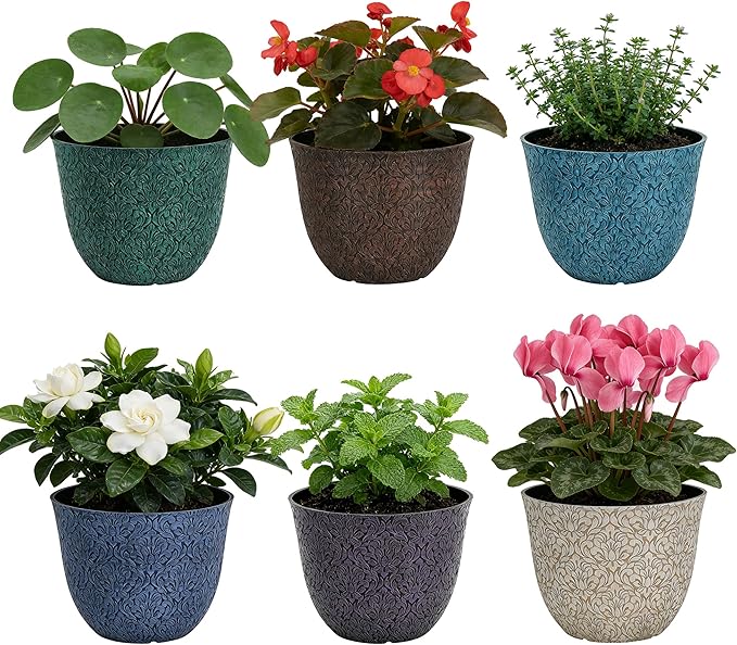 Worth Garden Plastic Round 8" Plant Pots for Indoor Plants - Set of 6 Multicolor Small Flower Pots W/Drainage Hole and Rubber Plug - Home Christmas Decorative planters Retro Floral Pattern