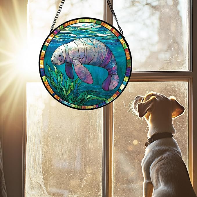Stained Glass Window Hanging Blue Ocean Seaweed Manatee Large 11.8" - Suncatcher Door Garden Sunroom Sun Catcher Home Decor Birthday Christmas for Mom Men Woman Nana