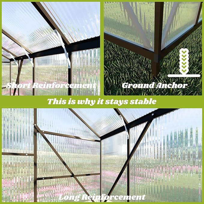 8x8 FT Greenhouses for Outdoors, Polycarbonate Greenhouse with PC Panels, Greenhouses for Outdoors for Yard, Garden, Hobby, Charcoal Black