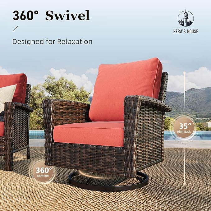 HERA'S HOUSE Outdoor Swivel Chairs with 5.5" Thick Cushions, 35" High Back Patio Furniture Sets, Oversized Wicker Rattan Chairs for Deck Balcony Backyard, Red
