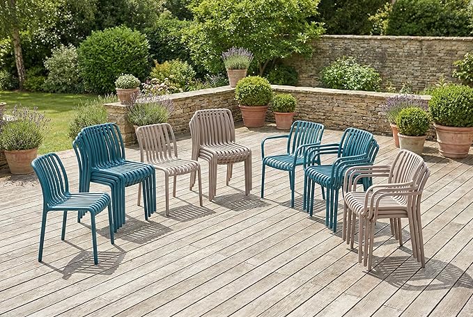 4 x Outdoor Stackable Dining Chair, All-Weather Plastic Patio Chair, Pool Side Chair, Modern Slatted Design for Balcony, Garden, Backyard, Indoor & Outdoor Use (Armless, Teal Blue)