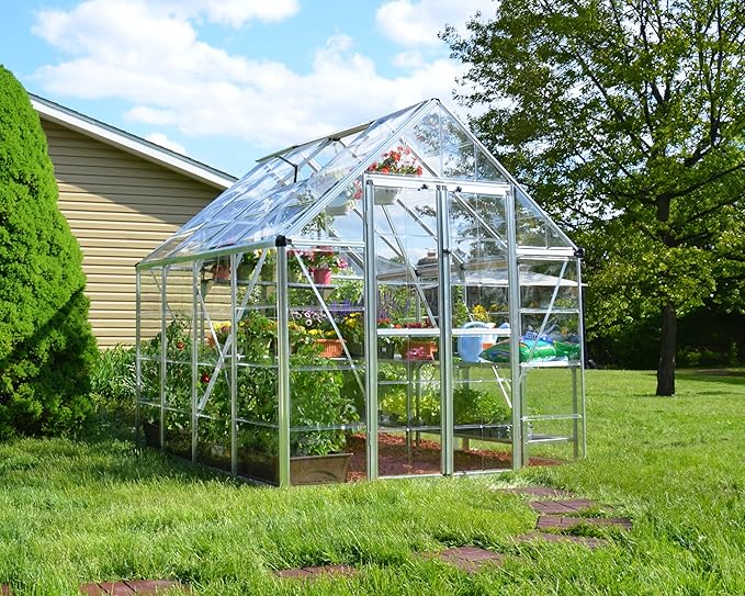 Palram - Canopia Snap & Grow 8 Ft. x 8 Ft. Greenhouse Kit Hobby DIY Walk in Green House Heavy Duty Polycarbonate, Aluminium Frame, with Lockable Door and Vent for Outdoors, Garden, Backyard in Silver