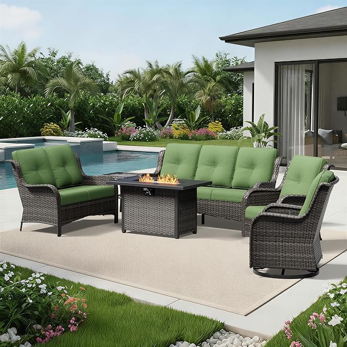 Joyside 6 Piece Wicker Patio Furniture Set with Fire Pit Table, Outdoor Swivel Rocker Patio Chairs with High Back, Deep Seating, Wide Armrest, Thickened Cushions, Outdoor Furniture for Deck, Porch Use