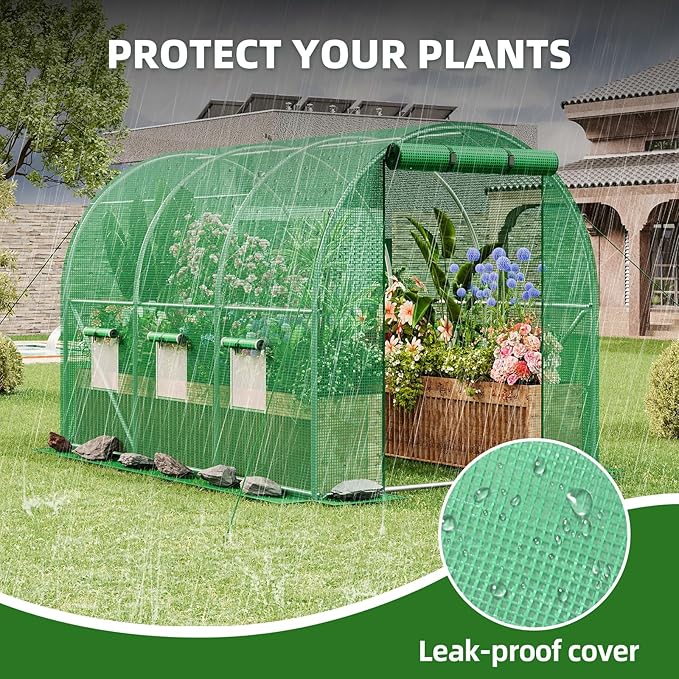 Superlele Heavy Duty Walk-in Greenhouse for Outdoor, 10x6.6x6.6FT Tunnel Greenhouse, Large Garden Green House with Reinforced PE Mesh Cover, 6 Windows with Screen, Stakes and Ropes, Green