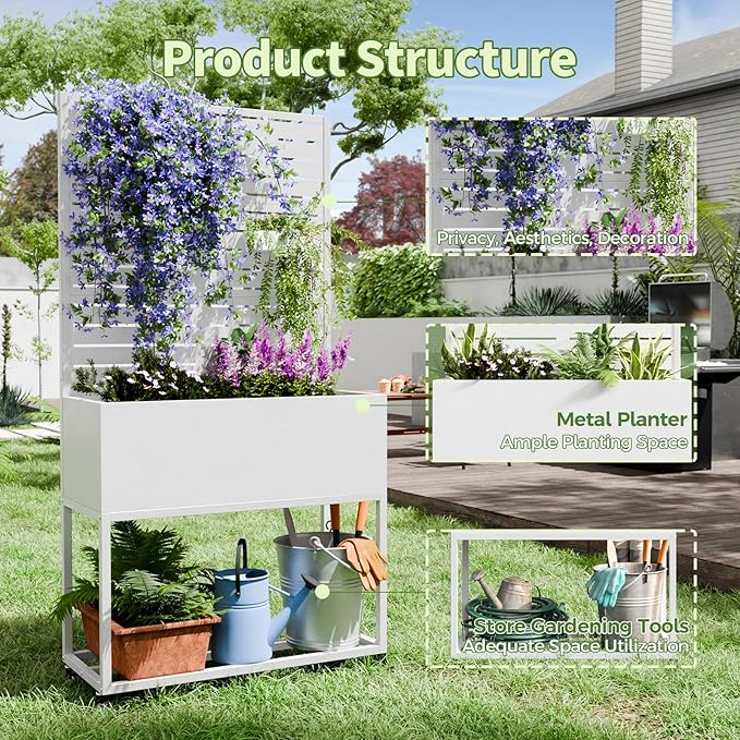 Metal Planter Box with Trellis,67" H x35 W Raised Garden Beds with Privacy Screen for Climbing Plants Flower, Elevated Standing Planter Garden Bed with Drainage Holes for Outdoor Patio,White