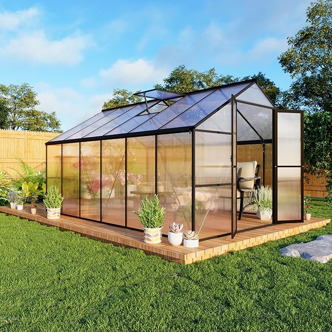 8X12 FT Polycarbonate Greenhouse, 6 FT Height Large Walk in Greenhouse with Roof Vent and Rain Gutter, Large Heavy Duty Aluminum Greenhouses with Swing Lockable Door for Outdoor, Black