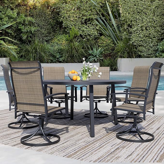 7 Pieces Outdoor Table and Chairs for 6, 47" Black Round Table with 6 Mocha Swivel Chairs, Patio Set with Swivel Chair, Garden Tables for Outdoor, Patio Dining Set for Lawn Backyard Poolside