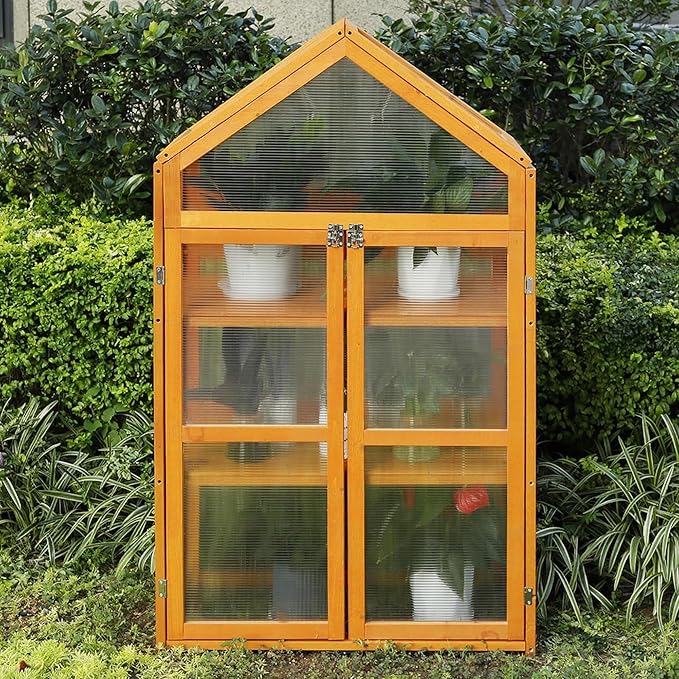 LYNSLIM Wooden Greenhouse, Raised Flower Planter Shelf with Transparent Flip-Top Roof, Cold Frame Green House for Outdoor, Mini Greenhouse Cabinet for Outside 29” W x 15”D x 50” H