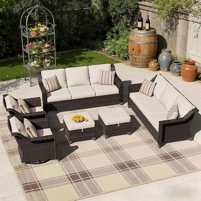 6 Pieces Patio Conversation Furniture Set - 2 Sofas, 2 Swivel Chairs, 2 Ottomans, Outdoor Wicker Furniture with Removable Cushions for Porch, Balcony, Sunroom (Beige)