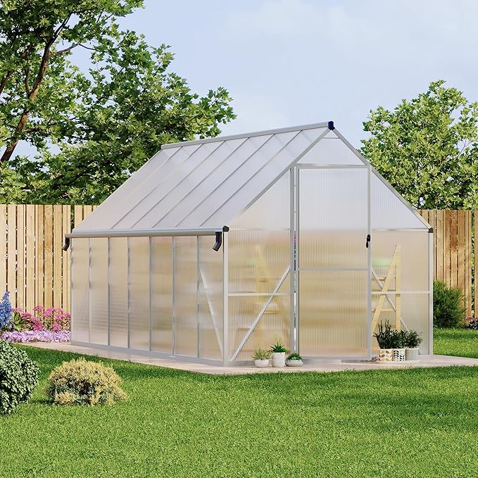 8X14 ft Polycarbonate Greenhouse with Aluminum Frame, Polycarbonate Greenhouse for Outdoors, Greenhouses with Ventilation and Rain Gutter, Aluminum Large Walk-in Greenhouses for Outside