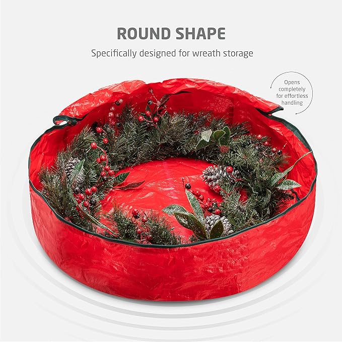 ZOBER Christmas Wreath Storage Container 24 Inch - Wreath Bag for Artificial Wreaths Box - Dual Zippered Wreaths Storage Bag with Strong Durable Handles - Red