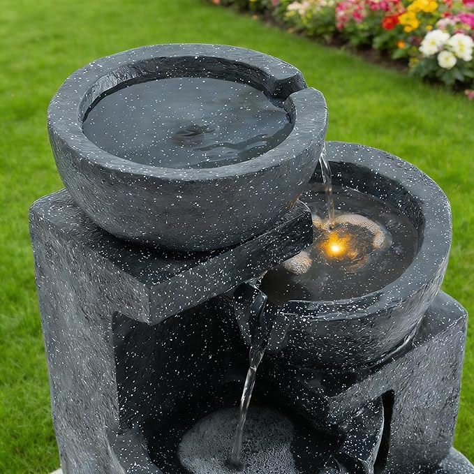29" H Terrazzo Style Outdoor Water Fountain, 4-Tier Cascading Bowls with Stacked Stone Design and LED Lights, Freestanding Resin Water Feature for Garden Patio Porch