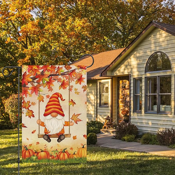 Heyfibro Fall Gnome Welcome Garden Flag 12x18 Double Sided Burlap, Autumn Pumpkin Maple Leave Yard Flags for Thanksgiving Rustic Farmhouse Seasonal Outside Outdoor Decoration (ONLY FLAG)