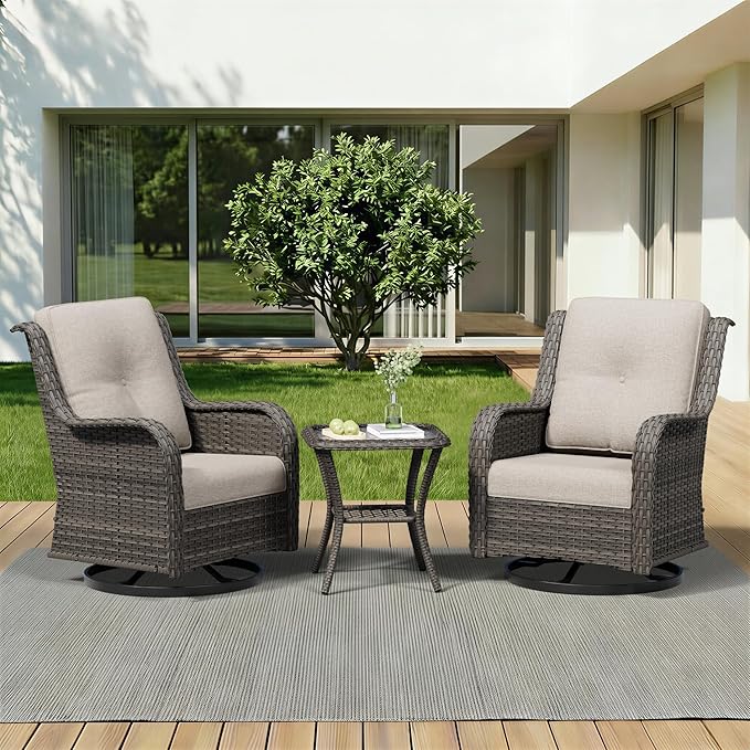 3 Piece Outdoor Wicker Patio Furniture Set, Swivel Rocker Patio Chairs Set with Thickened Olefin Cushions, High Back and Deep Seating, Hand-Woven PE Rattan for Porch, Deck