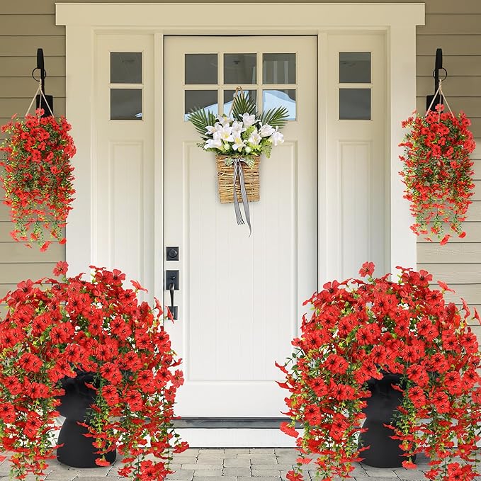 Sggvecsy Artificial Fake Hanging Flowers Plants for Outdoor Outside Spring Summer Decoration 2PCS Faux Silk UV Resistant Realistic Mums Daisy with Eucalyptus for Home Porch Patio Balcony(Red)