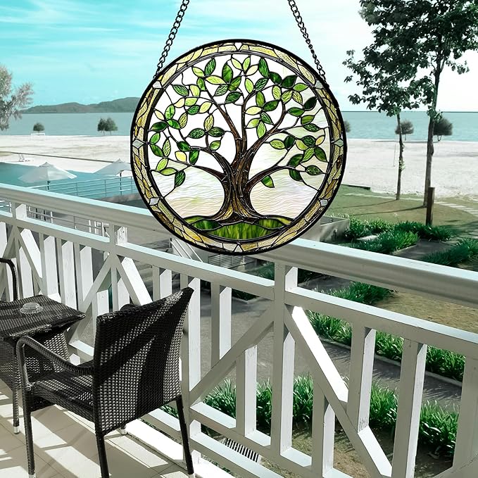 AMDERVEN Stained Glass Window Hanging - Brown Tree Trunk Green Leaves Sun Catcher for Door Garden Home Decor Plant Suncatcher Christmas Mother's Day Birthday Gifts for Women Men Mom Nana 7.8 in