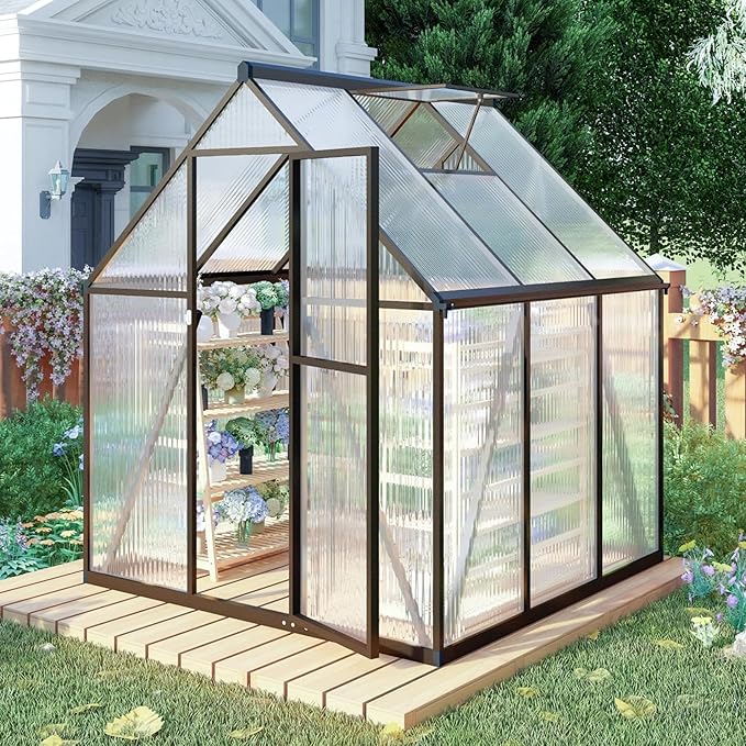 6x6 FT Greenhouse for Outdoors, Polycarbonate Greenhouse with Quick Setup Structure and Roof Vent, Aluminum Large Walk-in Green House for Outside Garden Backyard, Dark Gray