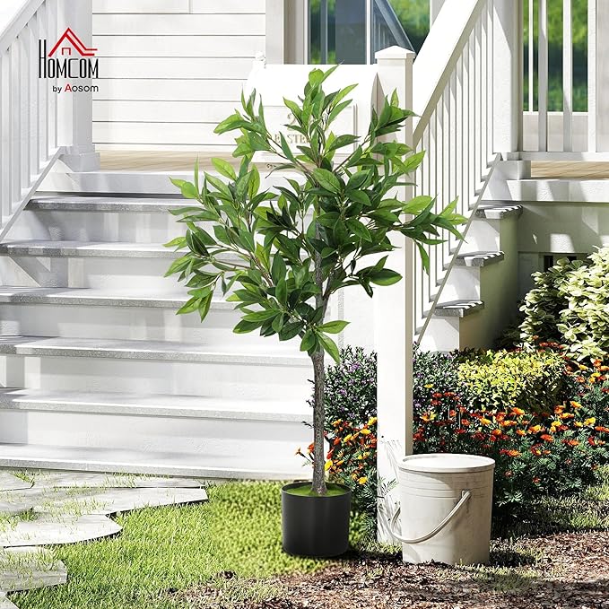 HOMCOM Lifelike Artificial Laurel Tree, 3FT Fake Tree with 345 PEVA Leaves and Flocked Soil, Potted Fake Plant for Home or Office Decor, Green