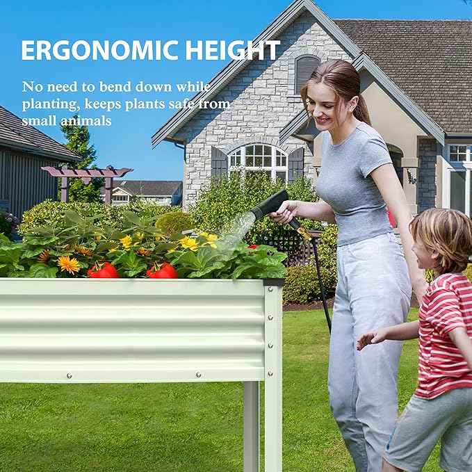 BlueWish 48" W x 24" D x 32" H Raised Garden Bed, Garden Bed with Detachable Black Liner, Drainage Gaps, Galvanized Raised Garden Beds Outdoor 7.5 Cubic Feet, Gardening, Vegetable, Flower, Beige