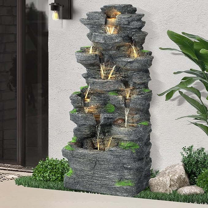 40''H Outdoor Water Fountain - Garden Rock Waterfall Fountains, Outdoor/Indoor Floor Standing Resin Water Fountain with 10 LED Light for Patio, Garden and Backyard, Deck, Porch, Home