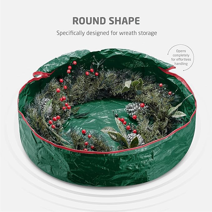 ZOBER Christmas Wreath Storage Container 24 Inch - Wreath Bag for Artificial Wreaths Box - Dual Zippered Wreaths Storage Bag with Strong Durable Handles - Green