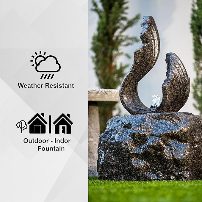 XBrand 25 in H Stone-Look Sculptural Modern Freestanding Fiber Resin Outdoor Garden Fountain w/LED Light, Black
