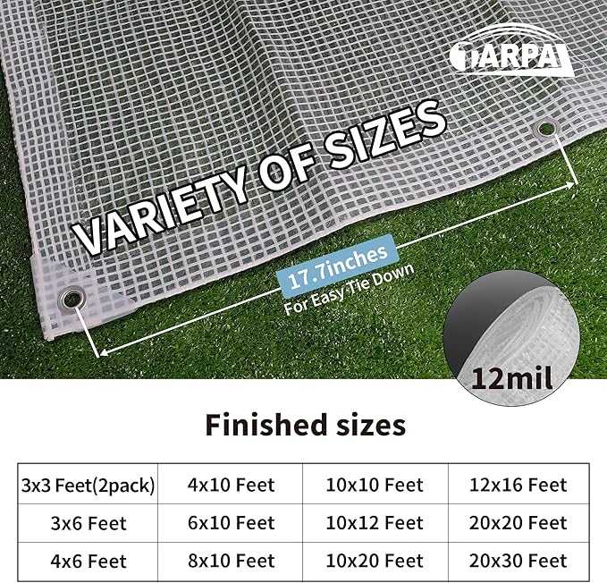 TARPAL 3'x3'（2pack Clear White Tarp Heavy Duty Waterproof 12mil with Grommets or Zip Ties for Small Greenhouse for Outdoors Garden,Farm,Chicken Coops