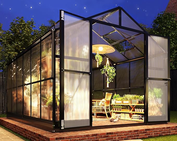 Jocisland 8x18 FT Polycarbonate Greenhouse with Quick-Connect Fittings, Walk-in Large Aluminum Sunroom with 2 Swing Doors, Winter Greenhouse for Outdoors Black