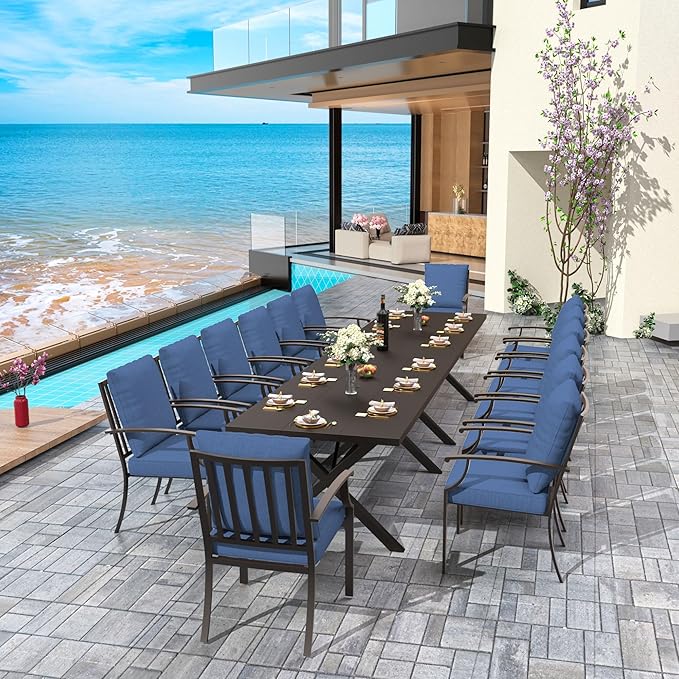 16-Piece Patio Dining Set Outdoor Conversation Set,Metal Outdoor Furniture Set with 2 Umbrella Hole Cut-Out 78.7" x 35.4" Tables and 14 Metal Backrest Chairs for Backyard,Garden,NavyBlue