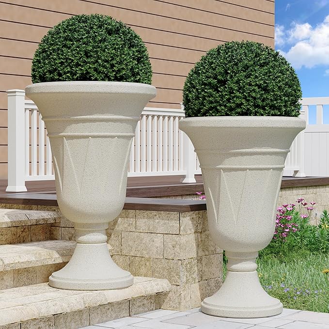 seethmi 23" Tall Planters for Outdoor Plants Set of 2, Planter with Drainage Holes and Trophy Design, Large Outdoor Planters for Porch, Garden, Beige