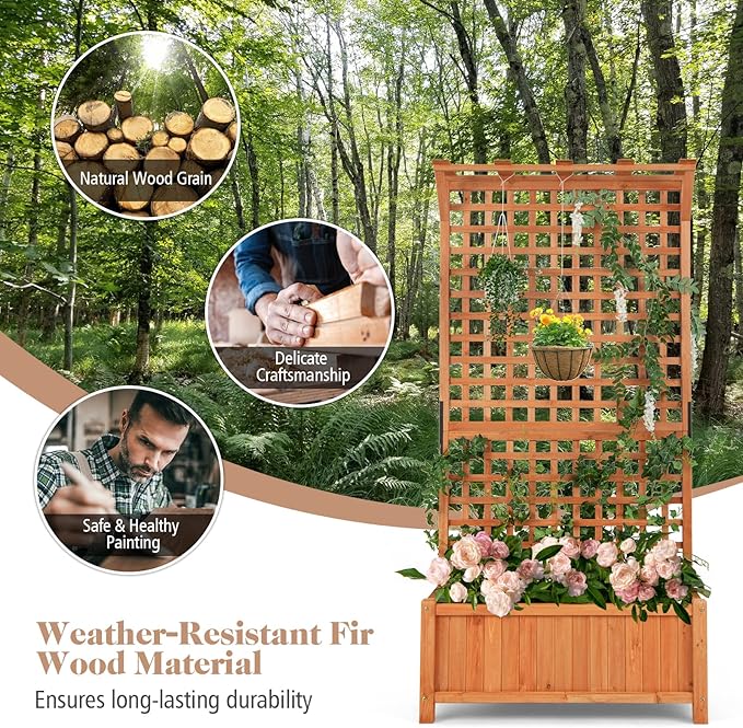 S AFSTAR Raised Garden Bed with Trellis, Wood Elevated Planter Box with Hanging Roof & Climbing Trellis, 4 Drainage Holes, 72.5" Tall Freestanding Planter Container for Vine Climbing Plants Flowers