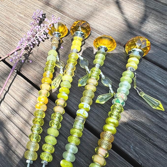 Exway 100 PCS DIY Fairy Wand Beaded Garden Stake Beads Kits with Yellow Large Hole Beads 4 Crystal Stopper Top Threaded Rods and 4 Yellow Sparkling Crystal Pendants for Outdoor Indoor Decor