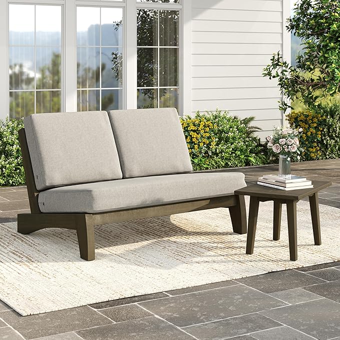 Patio Loveseat, Outdoor Wooden Bistro Set, All Weather Conversation Solid Wood Loveseat with Soft Cushions for Porch Balcony Deck Backyard