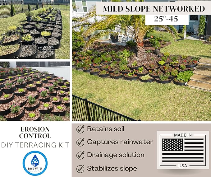 Dirt Locker Erosion Control Hillside Planters, 10-Pack-Black—DIY-Raised Garden Bed Terracing Kit for Mild Slopes, 10°-24°-Geogrid Water Retention Planting Stabilizer-Retaining Wall Compatible