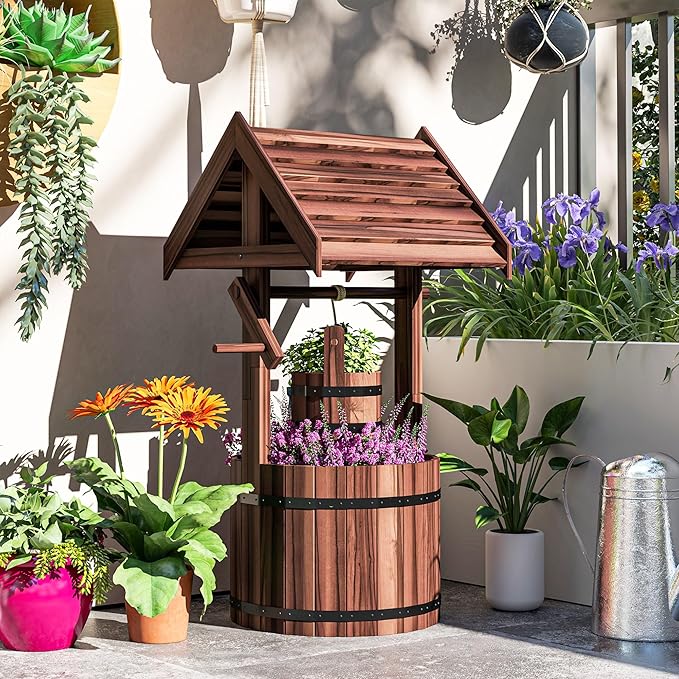 Outsunny Wooden Wishing Well Planter with Adjustable Hanging Bucket, Rustic Wishing Well for Outside, Decorative Flower Planter with Drainage Hole for Garden Patio, Carbonized
