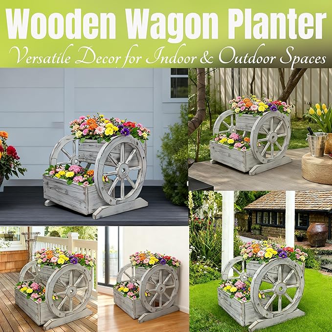 NestNature Wooden Wagon Planter Box,Raised Garden Bed,Decorative Garden Planters with Wheels-Outside Flower Pots for Indoor/Outdoor Décor Plants (Antique White)